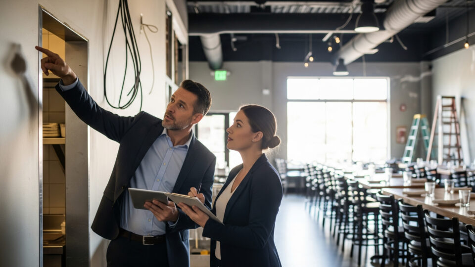 Two people doing a restaurant inspection
