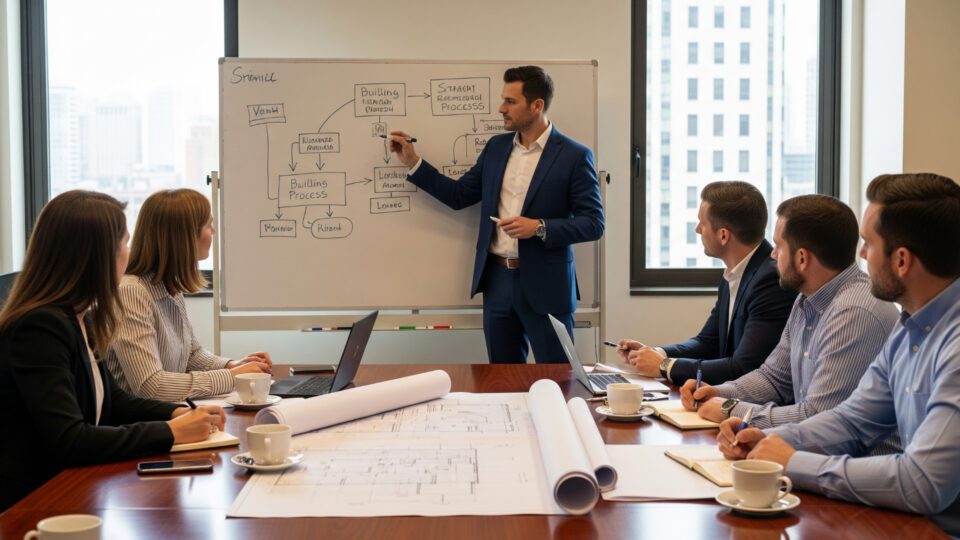 Five business people at a boardroom table going through plans